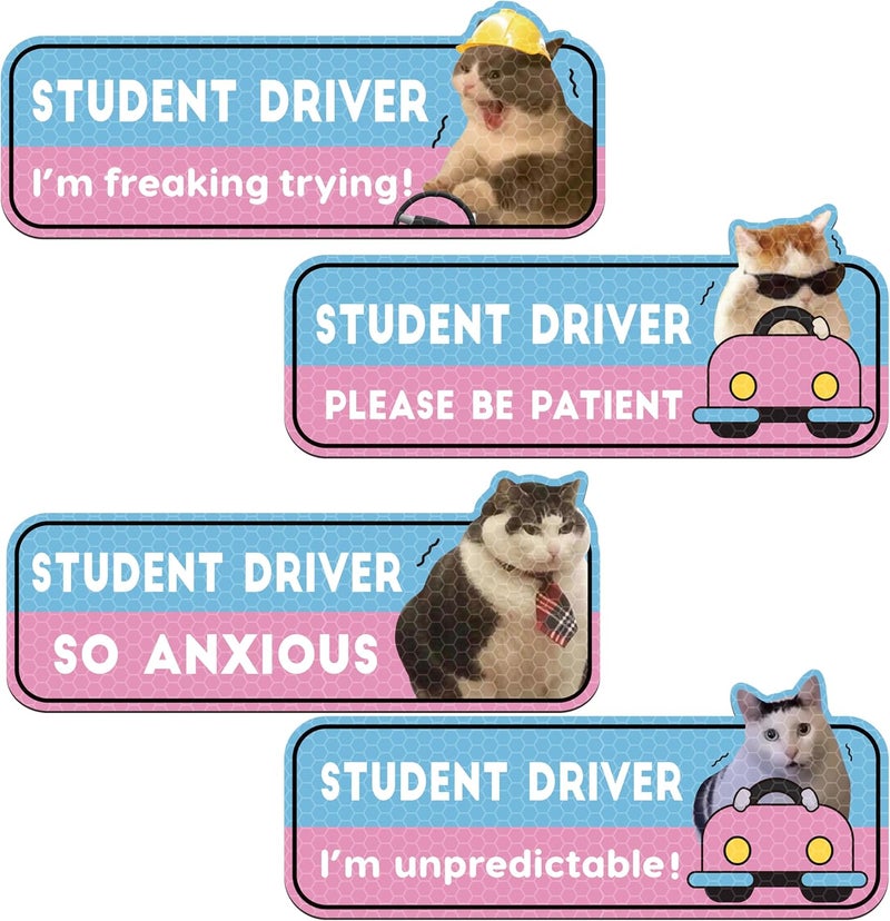 CNhoqc New Student Driver Magnet - 4pcs Cute Shivering Cat Please Be Patient Student Novice Driver Magnetic Reflective Bumper Sticker Safety Attention Signs Reusable Movable Car Magnet Safety Warning - Image 1